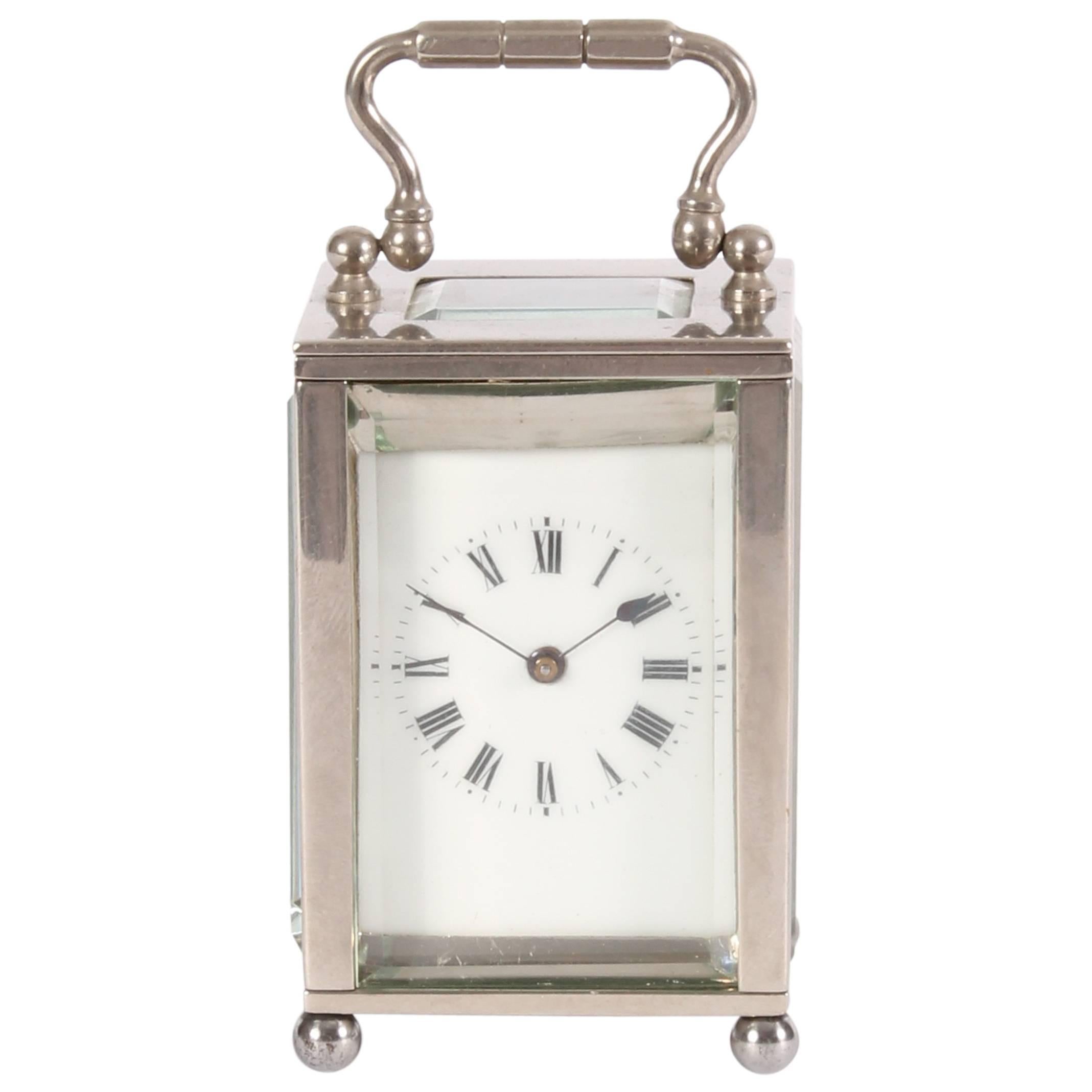 Attractive Miniature French Nickel-Plated Carriage Timepiece, circa 1925 For Sale