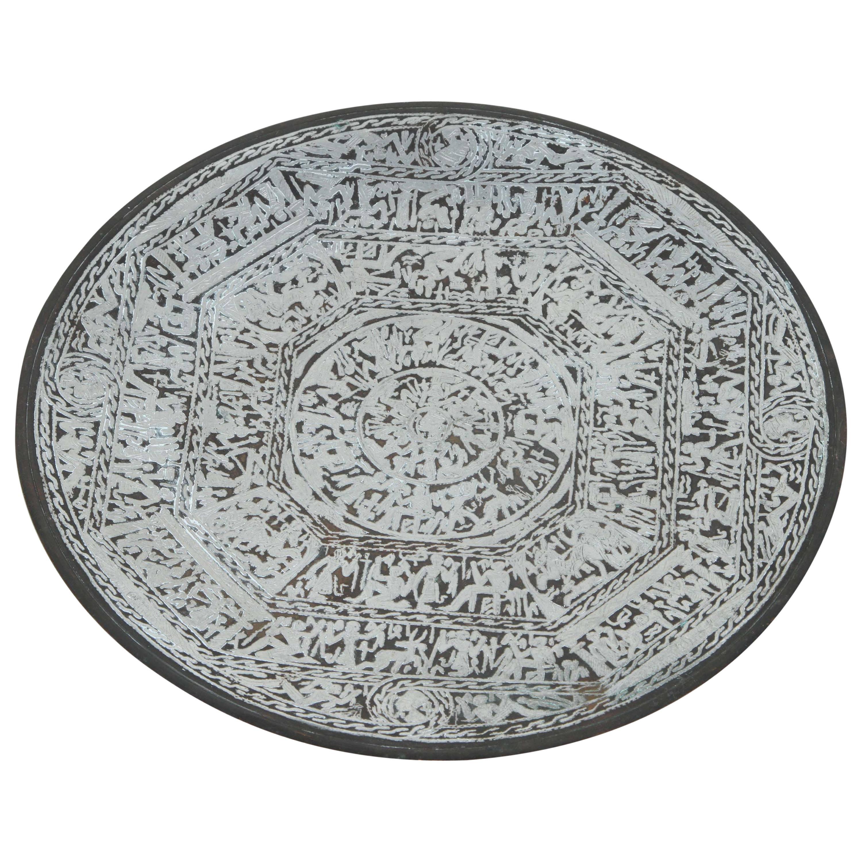 Egyptian Revival Brass Tray Overlay with Silver Designs and Hieroglyphics
