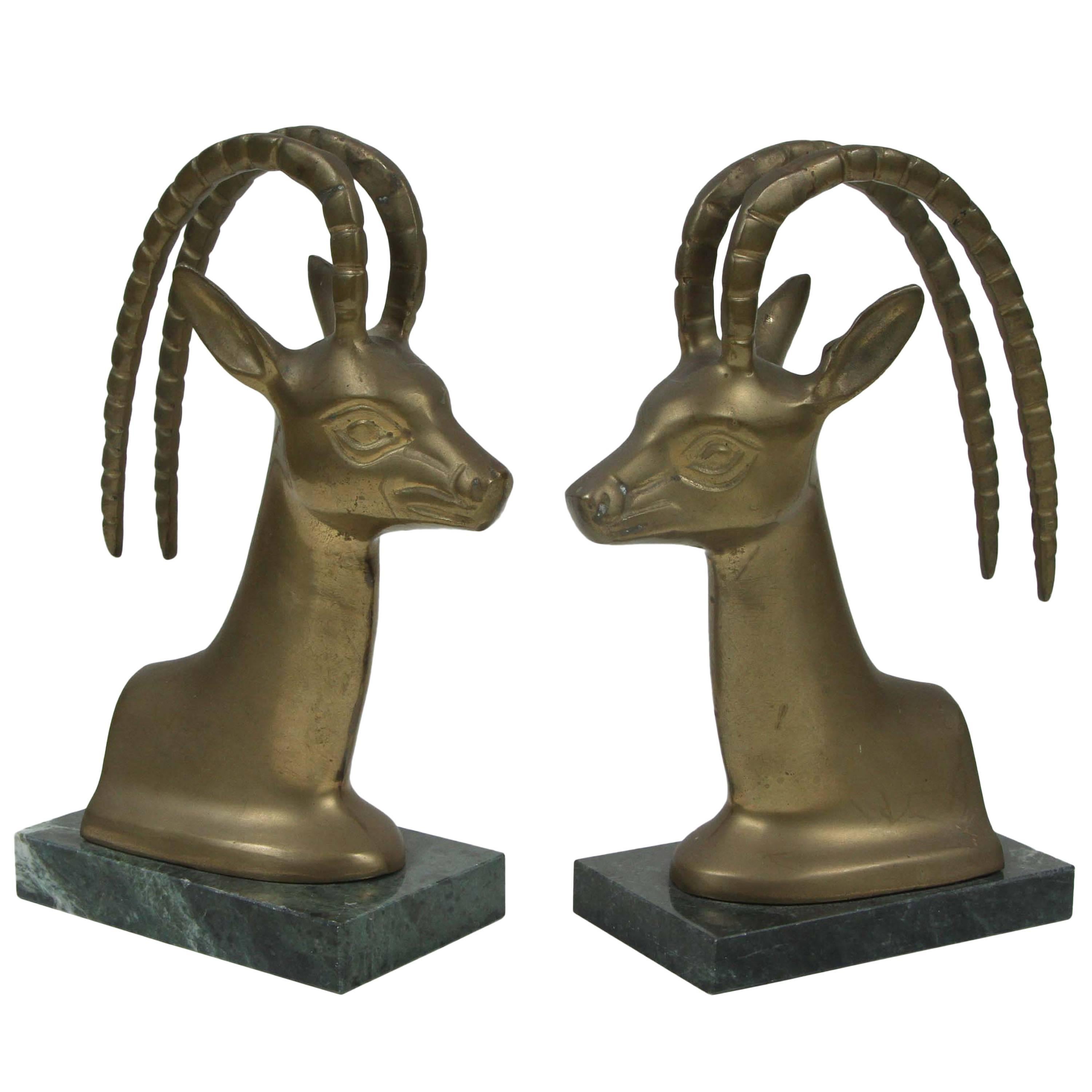 Set of Vintage Brass on Marble Antelope Bookends