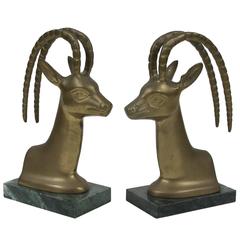 Set of Vintage Brass on Marble Antelope Bookends