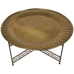 Antique Moroccan Round Brass Tray Table on Iron Base