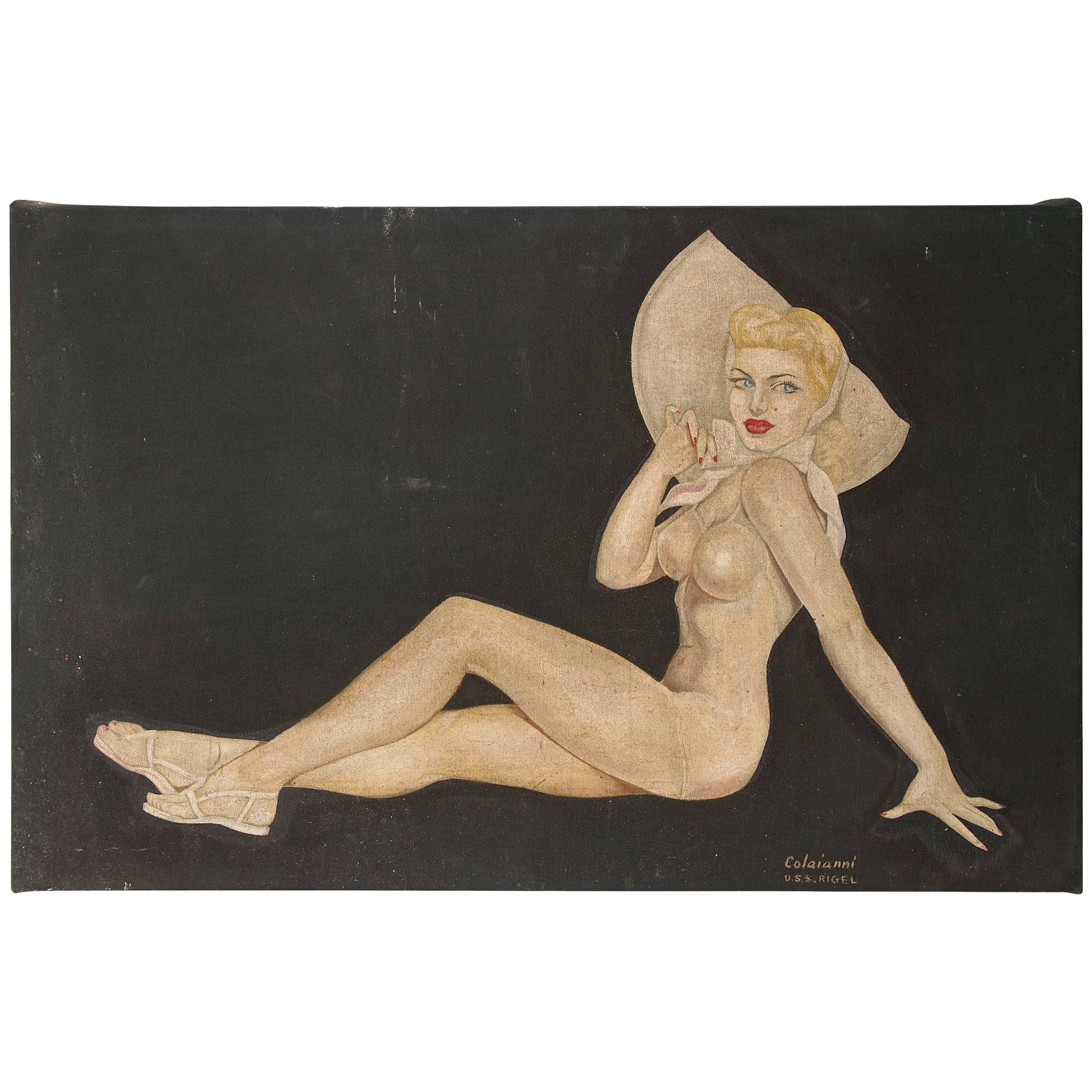 Large Art Deco "Trench Art" Pin-Up Painting, Oil on Heavy Cloth, Signed For Sale