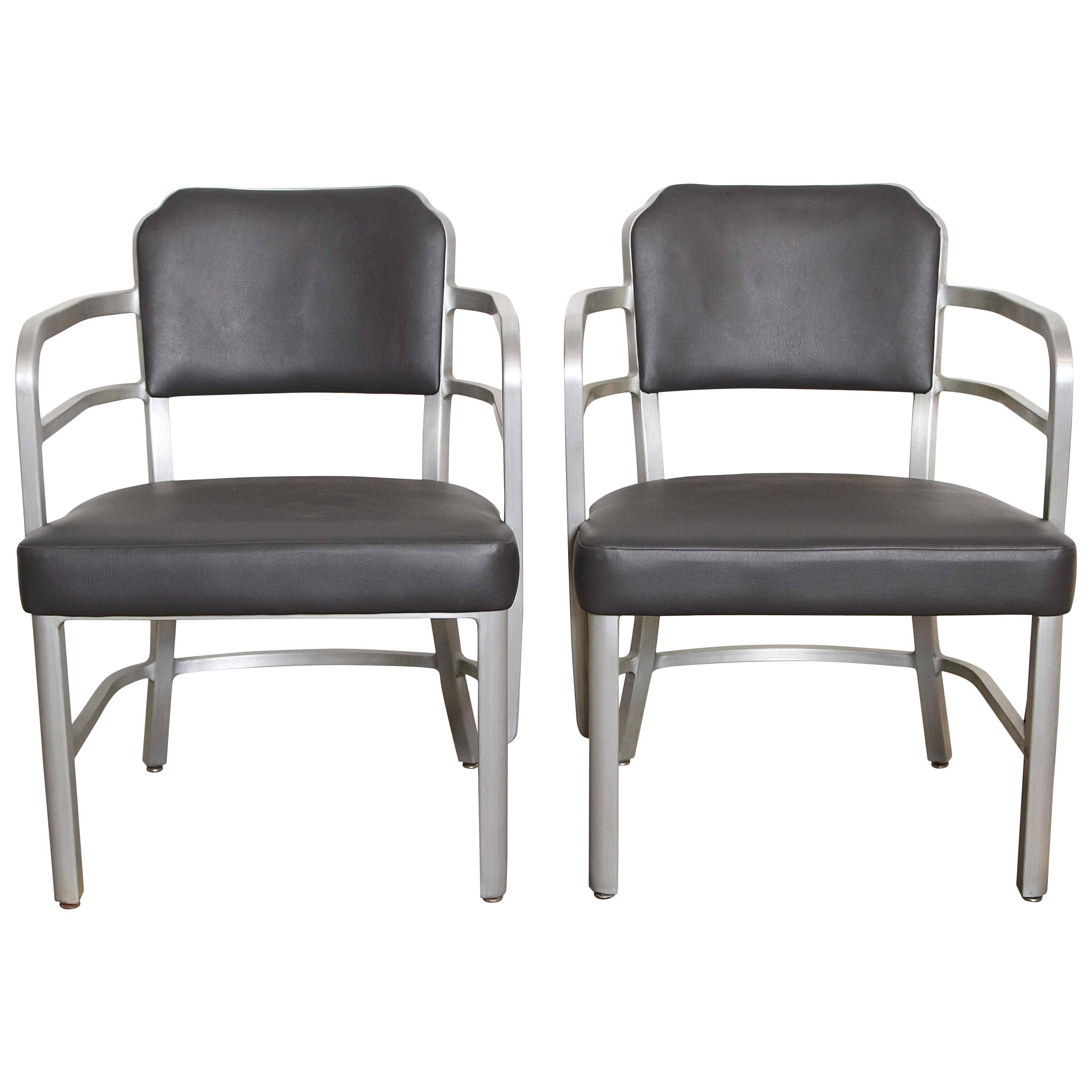 Machine Age Art Deco GoodForm Armchairs Brushed Aluminum, Leather 