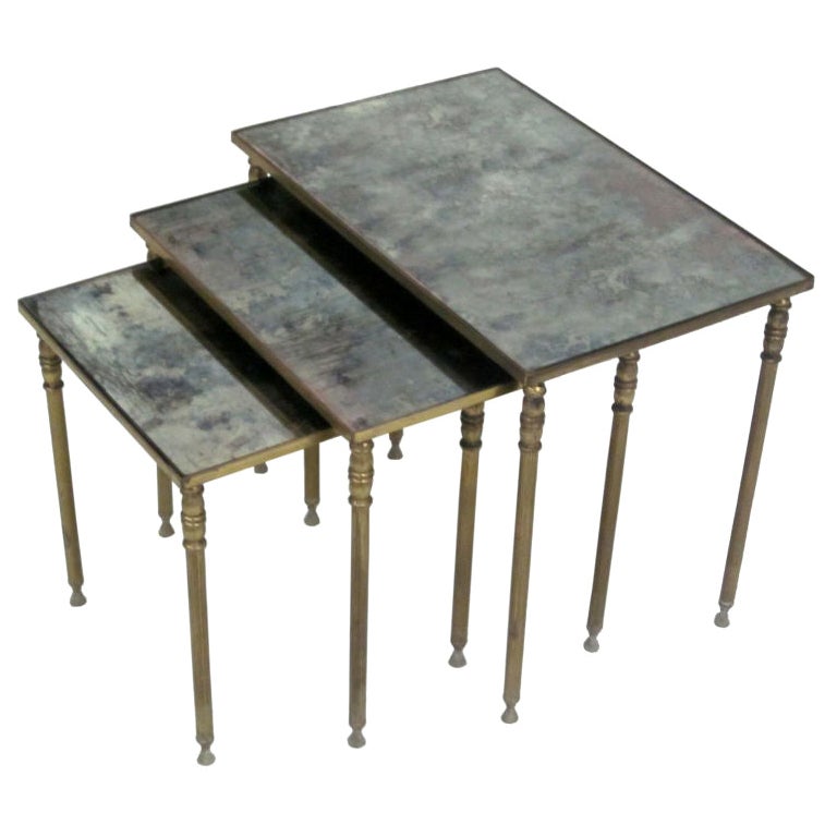 Set 3 French Modern Neoclassical Brass & Mirror Nesting Tables by Maison Jansen