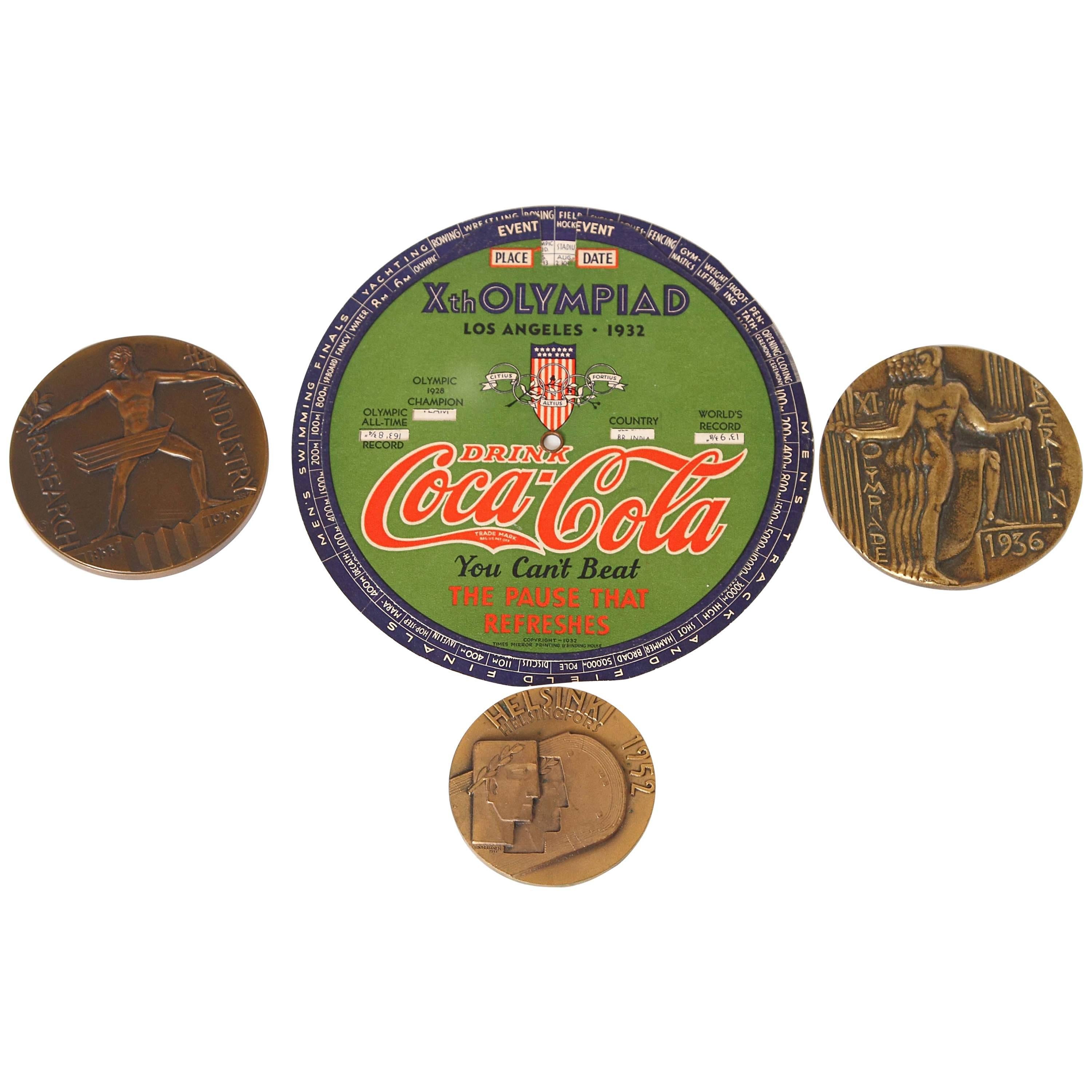 Vintage Art Deco Machine Age Cubist Olympic Games Medallions / Ephemera Coke For Sale