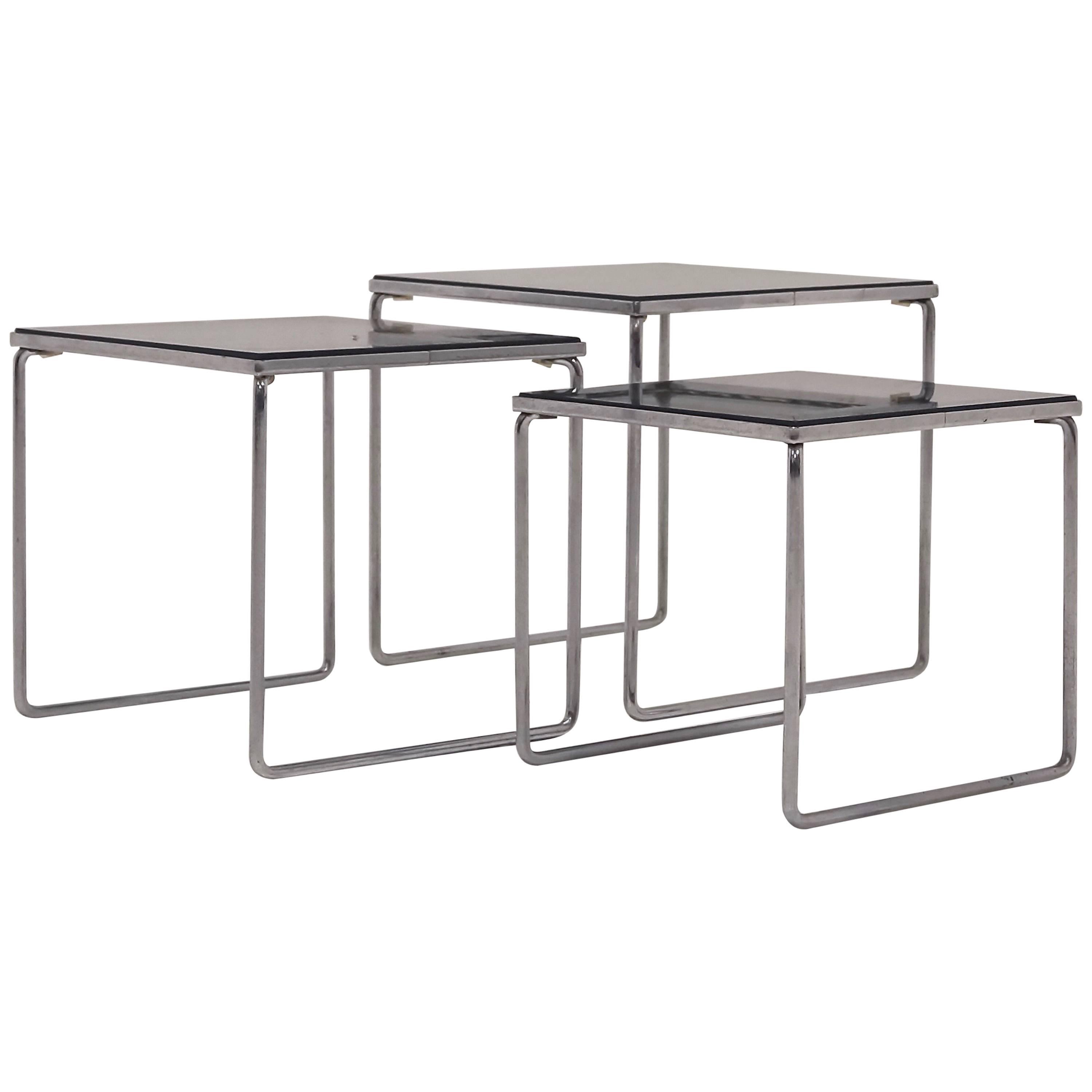 Set of Milo Baughman Style Chrome and Smoked Glass Nesting Tables For Sale