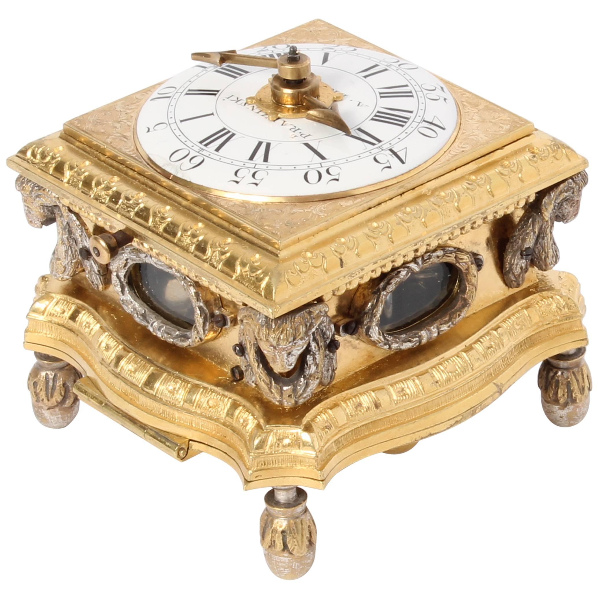 Small Horizontal Alarm Table Clock by P.I. Radzinski, circa 1750 For Sale