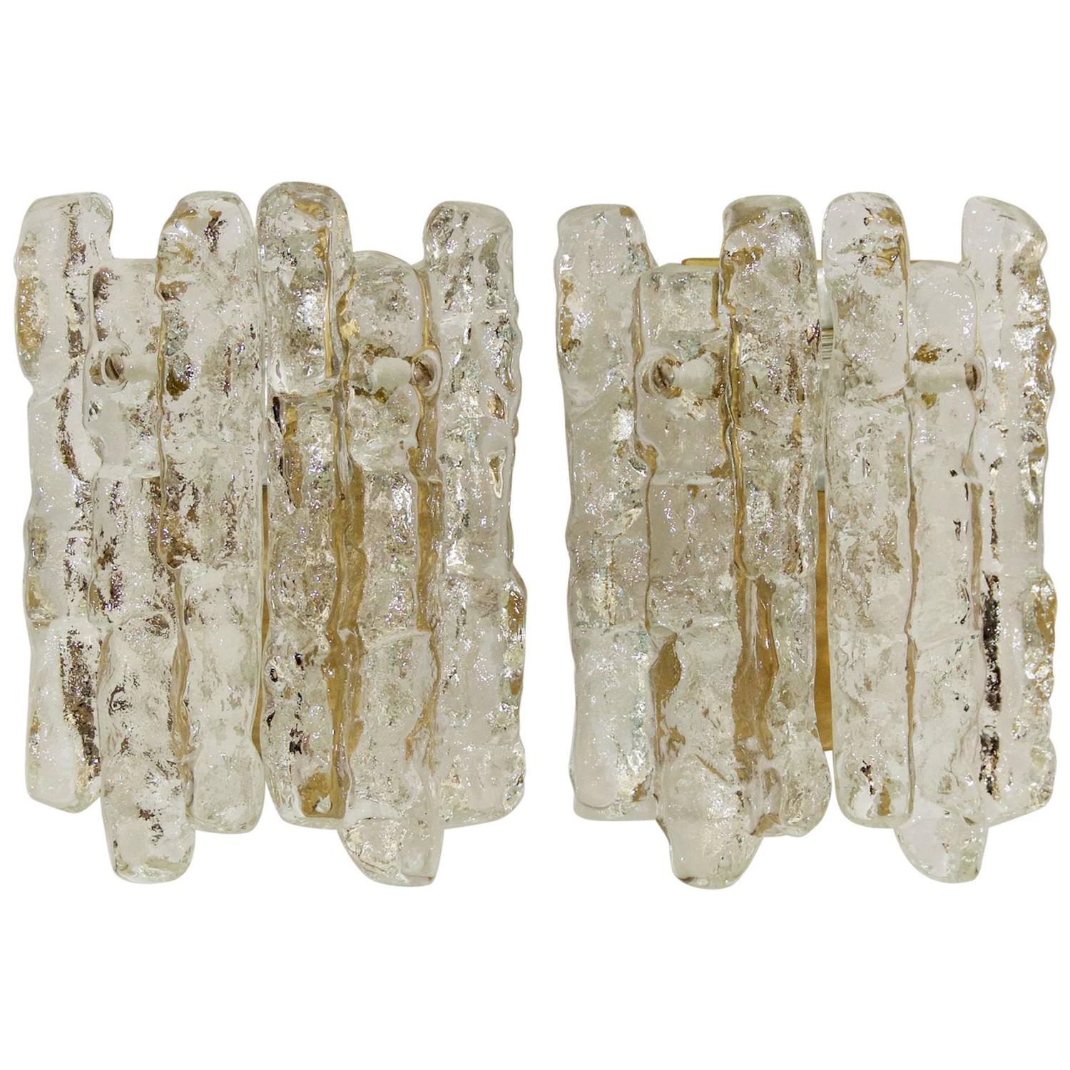 Pair of Petite Ice Glass Kalmar Sconces with Gold Tone Backplate For Sale at 1stdibs