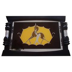 1940 Big Serving Tray with Cubist Figurative Rear Glass Painting