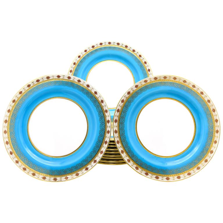Set of 12 Minton Turquoise Dinner Plates with Red and Raised Gold Medallions at 1stDibs