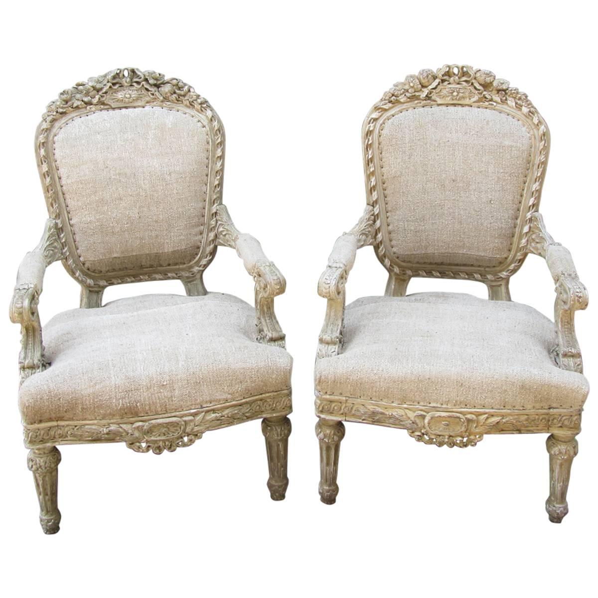 Pair of 19th C French Louis XIV Style Carved Fauteuil Chairs