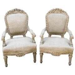 Pair of 19th C French Louis XIV Style Carved Fauteuil Chairs