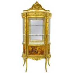 French Louis XV Style Gold Giltwood Vernis Martin Curved Glass Vitrine Cabinet 4