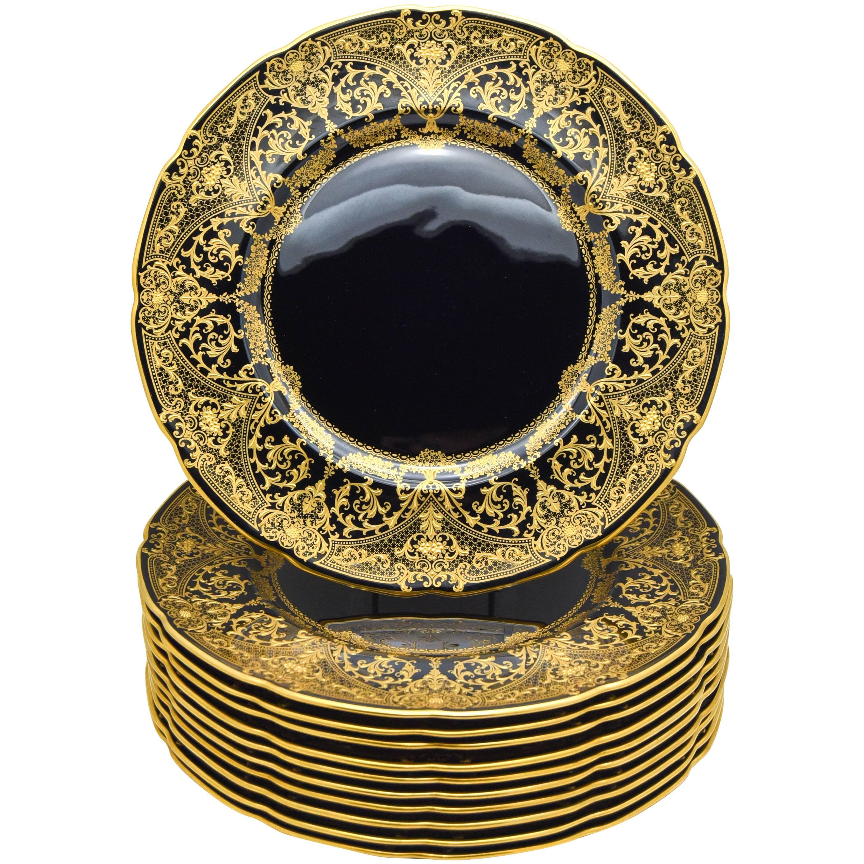 Set of Twelve Custom Order Lenox Black and Raised Paste Gold Dinner Plates
