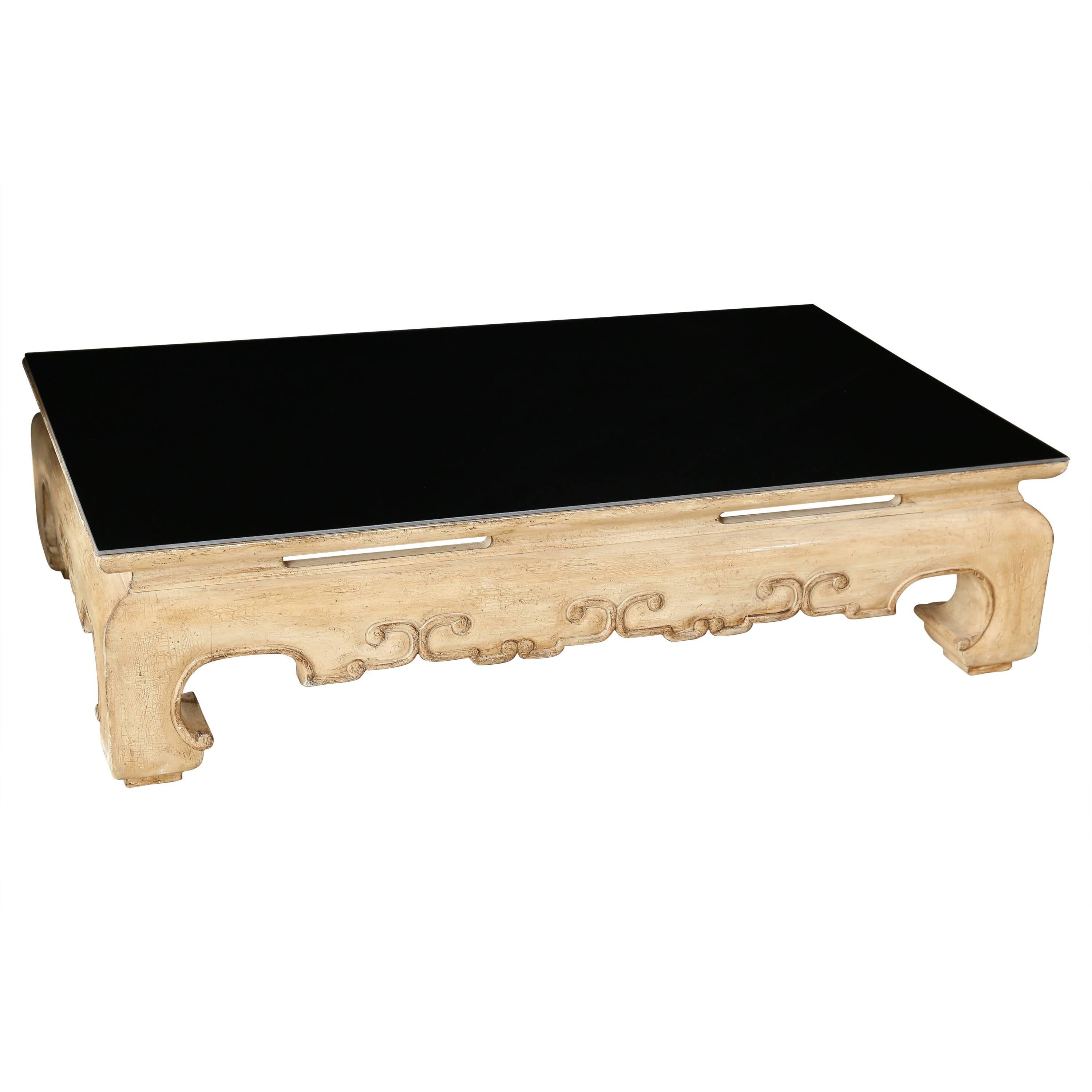 20th Century Black Mirrored Top with Chinese Style Base Coffee Table