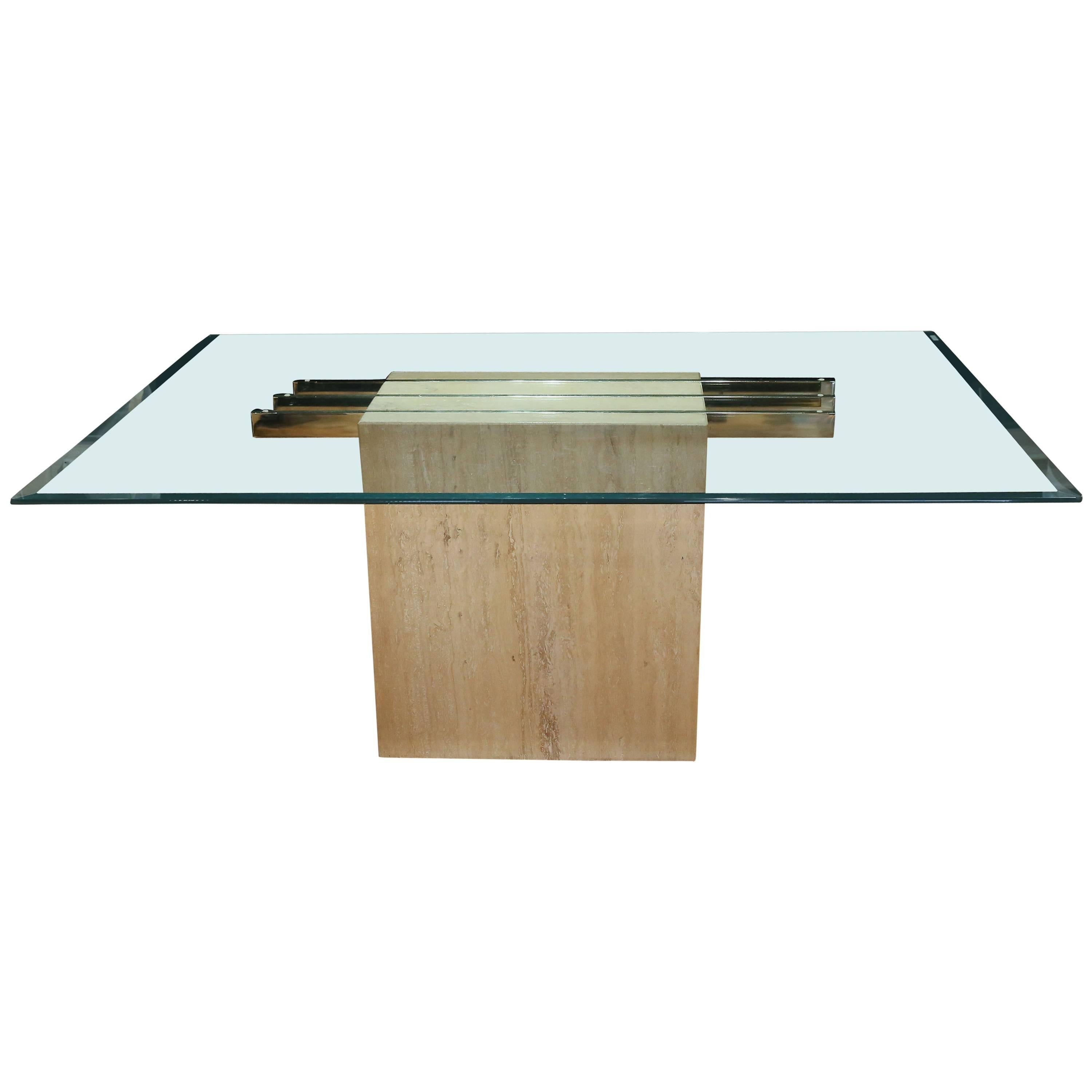 20th Century Travertine, Brass and Beveled Glass Dining Table