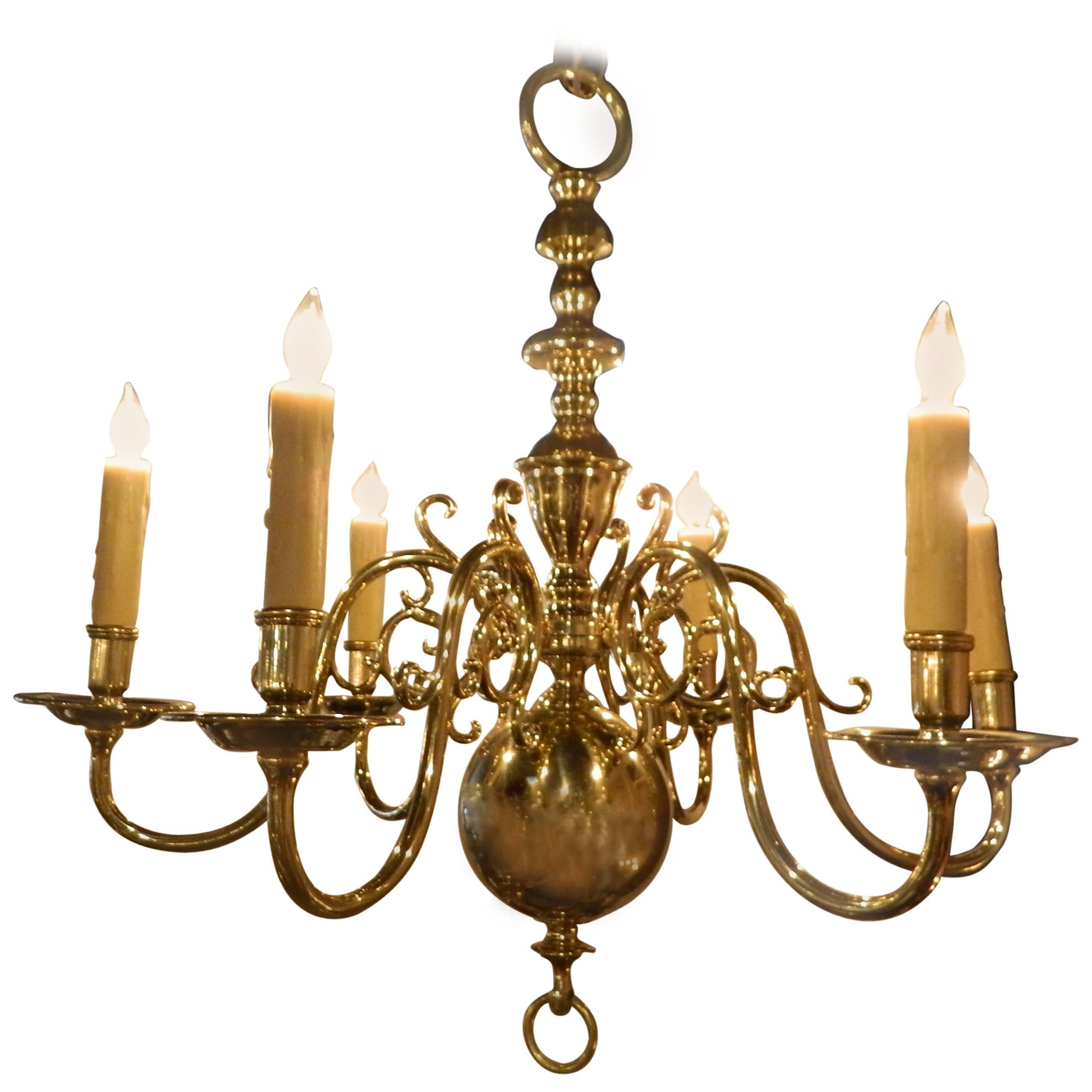 Dutch Style Polished Brass Six-Light Chandelier, 19th Century
