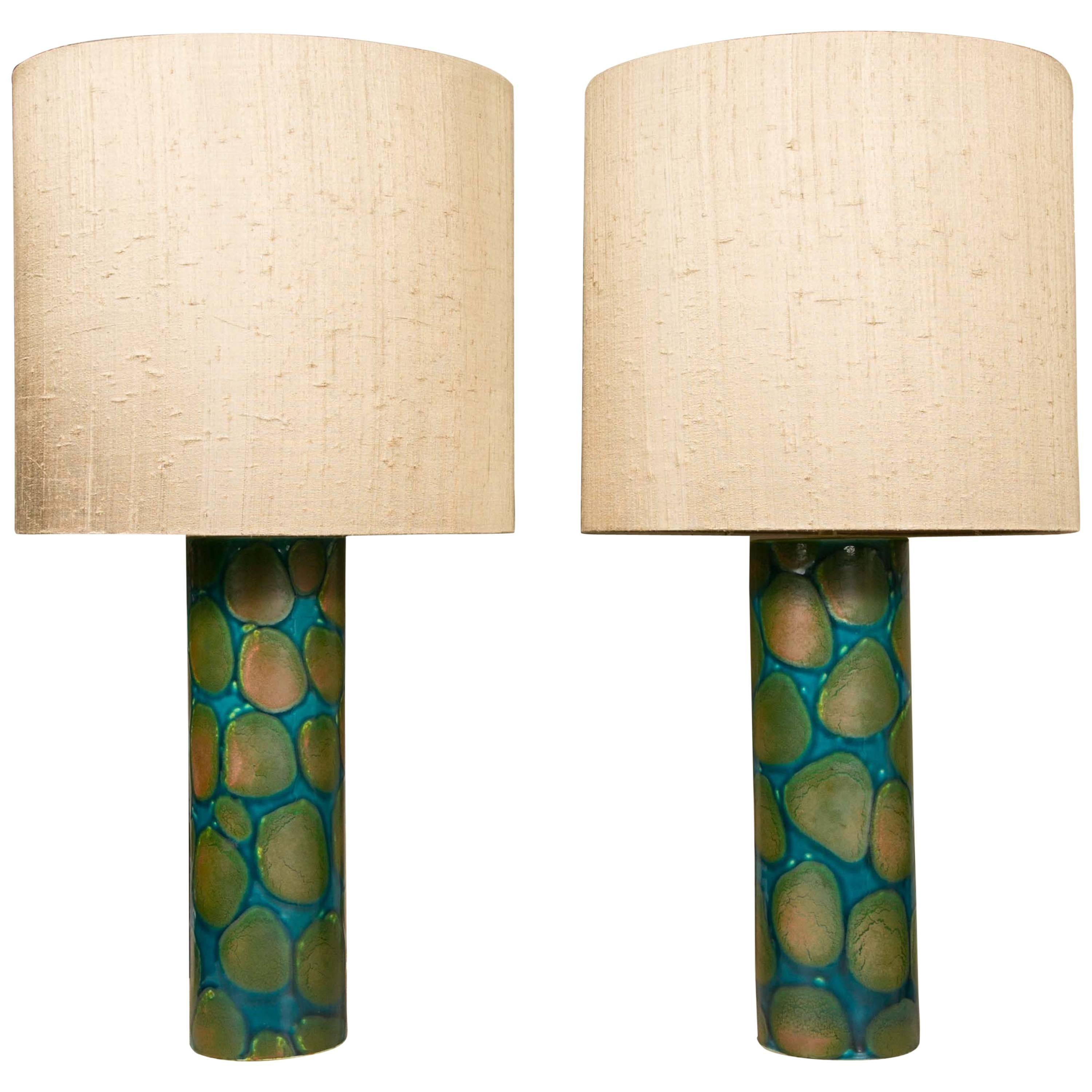 Pair of Amazing Table Lamps in Glazed Ceramic, Sweden, circa 1960