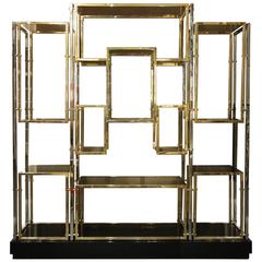 1970 Italian Double Sided Shelf in Gilded and Chromed Steel, Black Lacquer Base