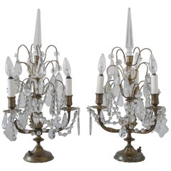 Pair of Brass and Crystal Girandole Lamps