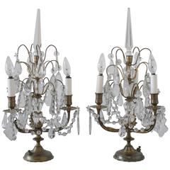 Pair of Brass and Crystal Girandole Lamps 2