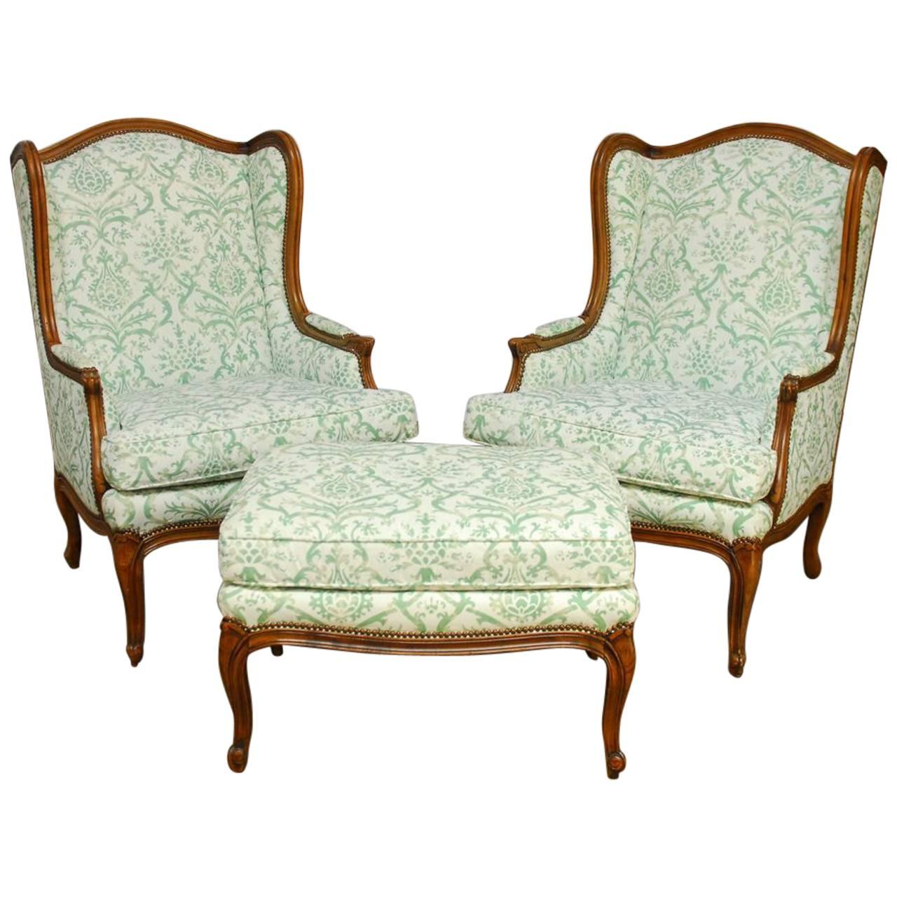 Pair of Baker Wingback Chairs with Fortuny Upholstery