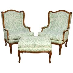 Vintage Pair of Baker Wingback Chairs with Fortuny Upholstery