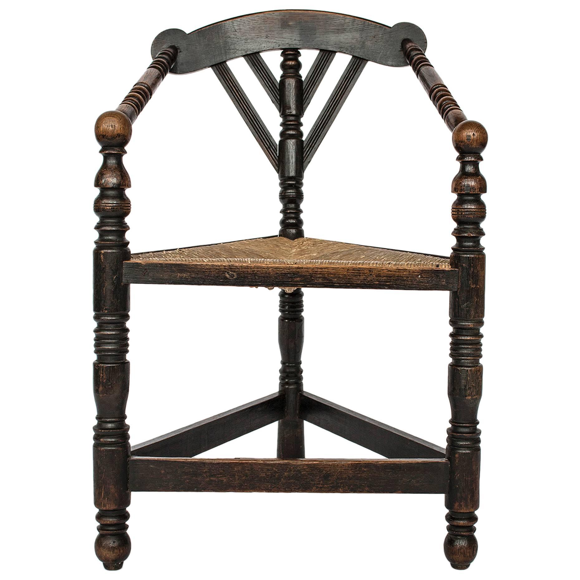 Arts and Craft Oak Turner Chair Rush, Corner Seat, 19th Century