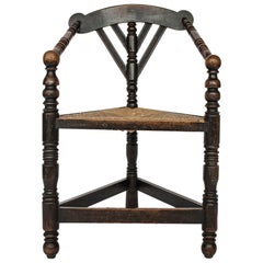 Antique Arts and Craft Oak Turner Chair Rush, Corner Seat, 19th Century