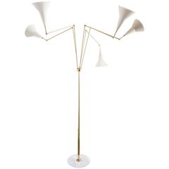 Mid-Century Italian Brass Five-Arm Stilnovo Style Floor Lamp with Marble Base