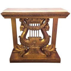 Vintage Hand-Carved Italian Gilt Harp Console Table