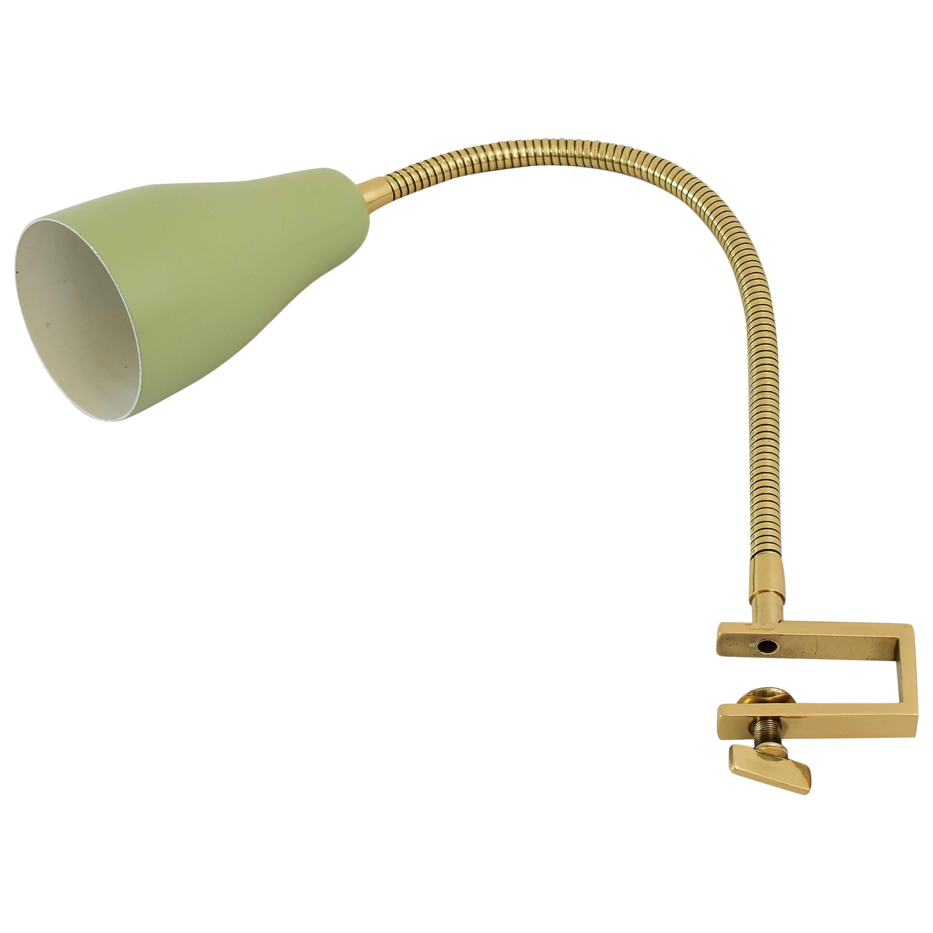 Flexible Clamp Brass Table Lamp with Green Shade, circa 1950s
