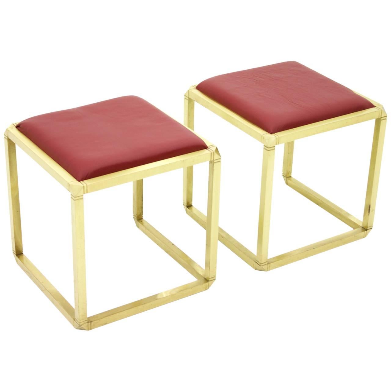 Pair of Rare Stools by Marzio Cecchi, Italy 1970s, Brass and Leather