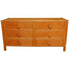 French Rattan and Rawhide Six-Drawer Dresser