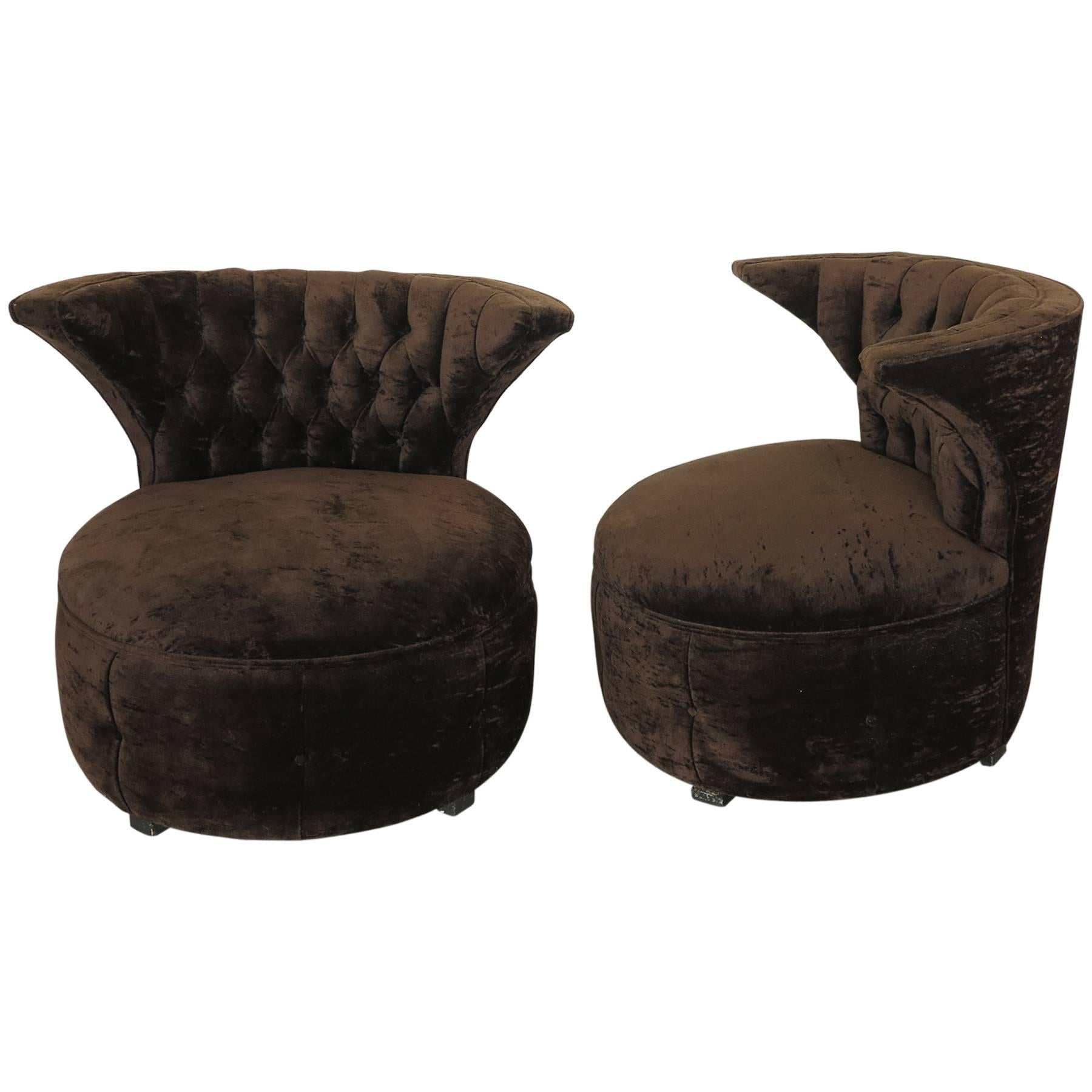 Overstuffed Barrel Lounge Chairs Tufted Backs with Wings, 1970s
