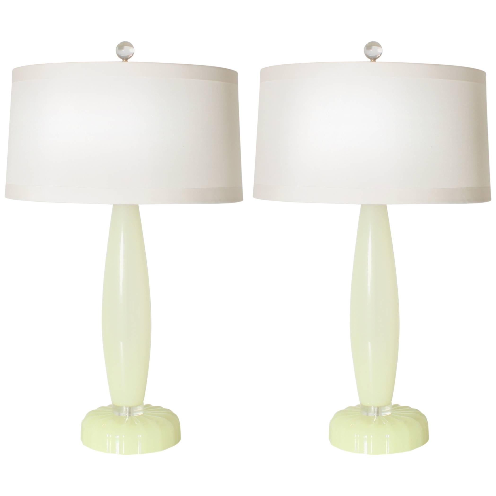 Pair of Opaline Murano Lamps with Detailed Base by Cenedese, circa 2000
