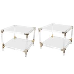 Pair of Square Lucite and Brass Tables, circa 1970