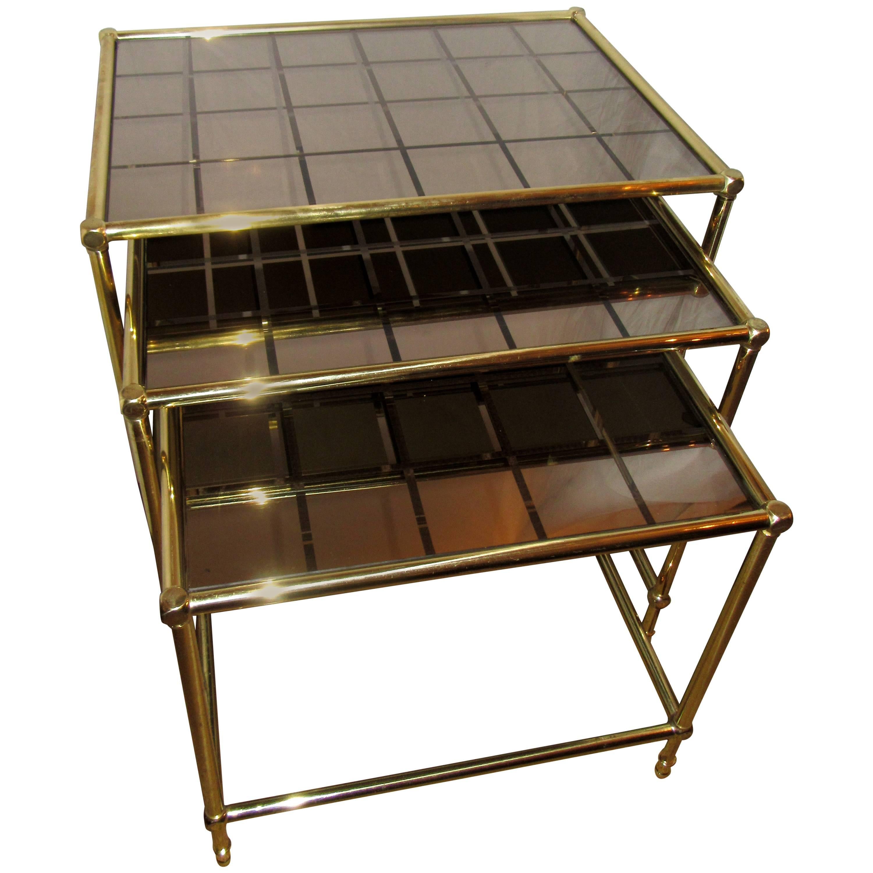 French Brass Nesting Tables with Amber Mirrored Grid Design Glass