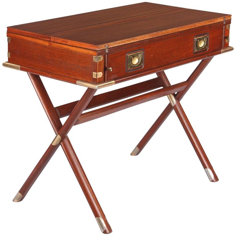 Vintage English Campaign Style Mahogany Drop Leaf Writing Desk