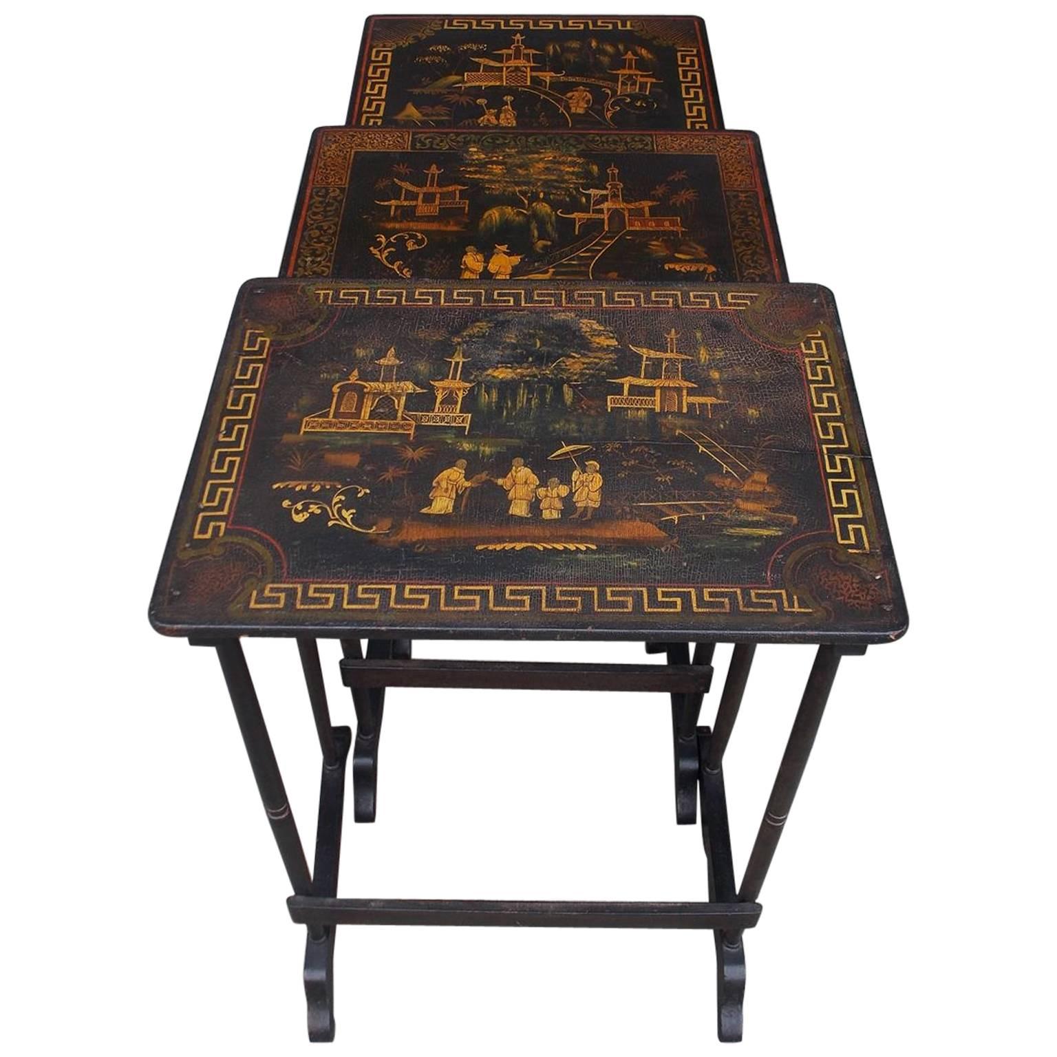 Set of Three English Japanned & Stenciled Figural Nest of Tables, Circa 1880