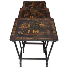 Antique Set of Three English Japanned & Stenciled Figural Nest of Tables, Circa 1880