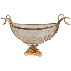 Wonderful French Doré Bronze Crystal Ormolu Swan Centerpiece Dolphin Pedestal