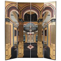Folding Screen with Gold Leaf and Architectural Illustration