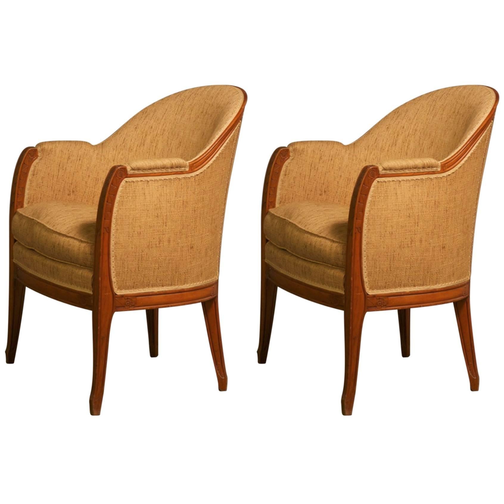 Leon Jallot Pair of Sculpted Pearwood Armchairs For Sale