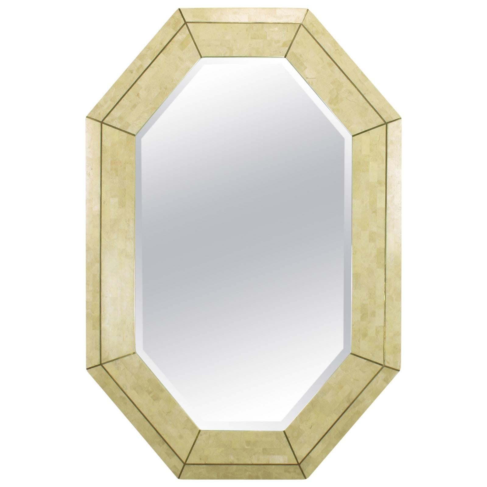Maitland-Smith Tessellated Fossil Stone & Inlaid Brass Octagonal Beveled Mirror 