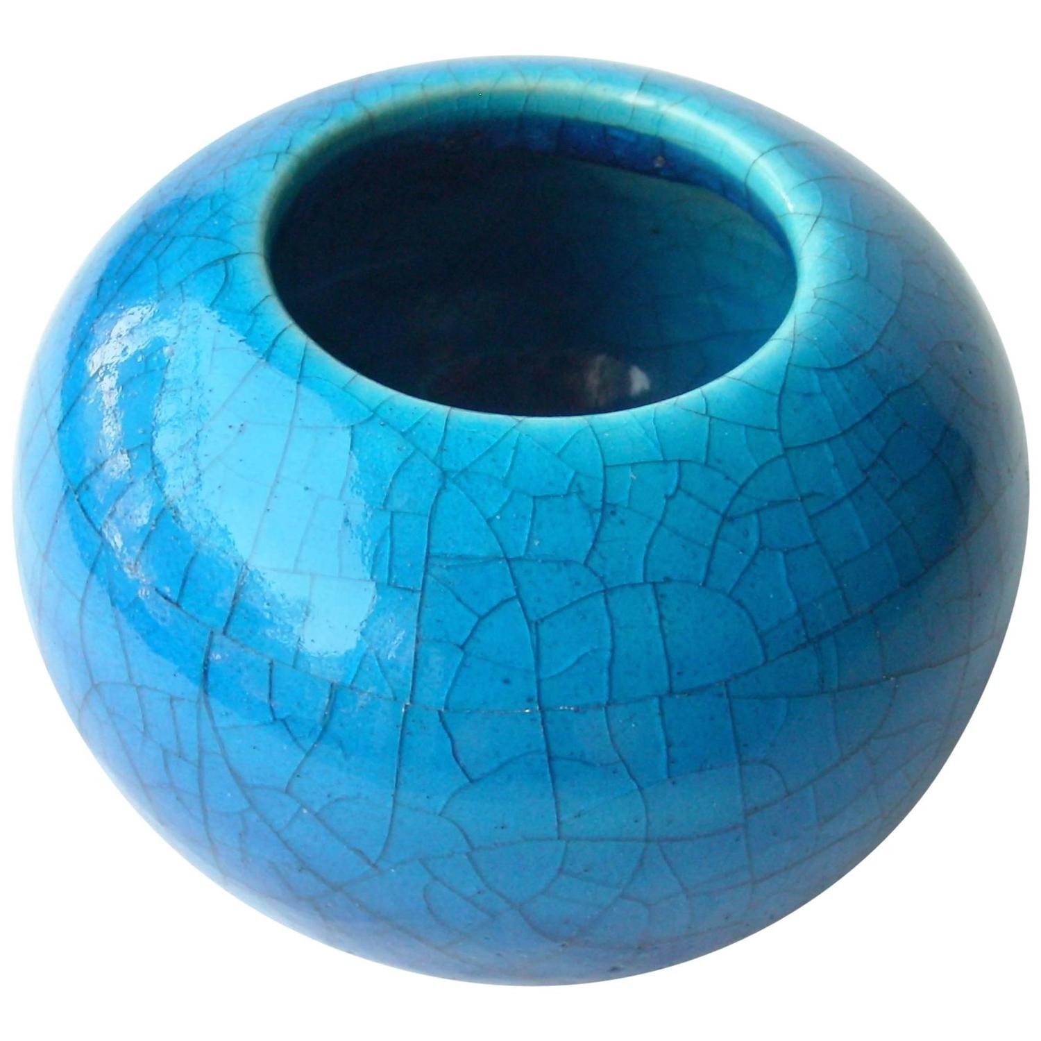 Glen Lukens Rare Ceramic Vase, with Cracked Glaze Blue, Signed For Sale