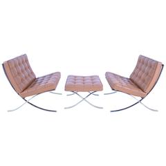 Pair of Signed Mies van der Rohe Barcelona Chairs with Ottoman
