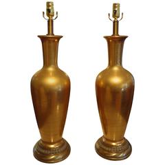 Pair of Tall Italian Mid-Century Gold Crackle Glazed Lamps