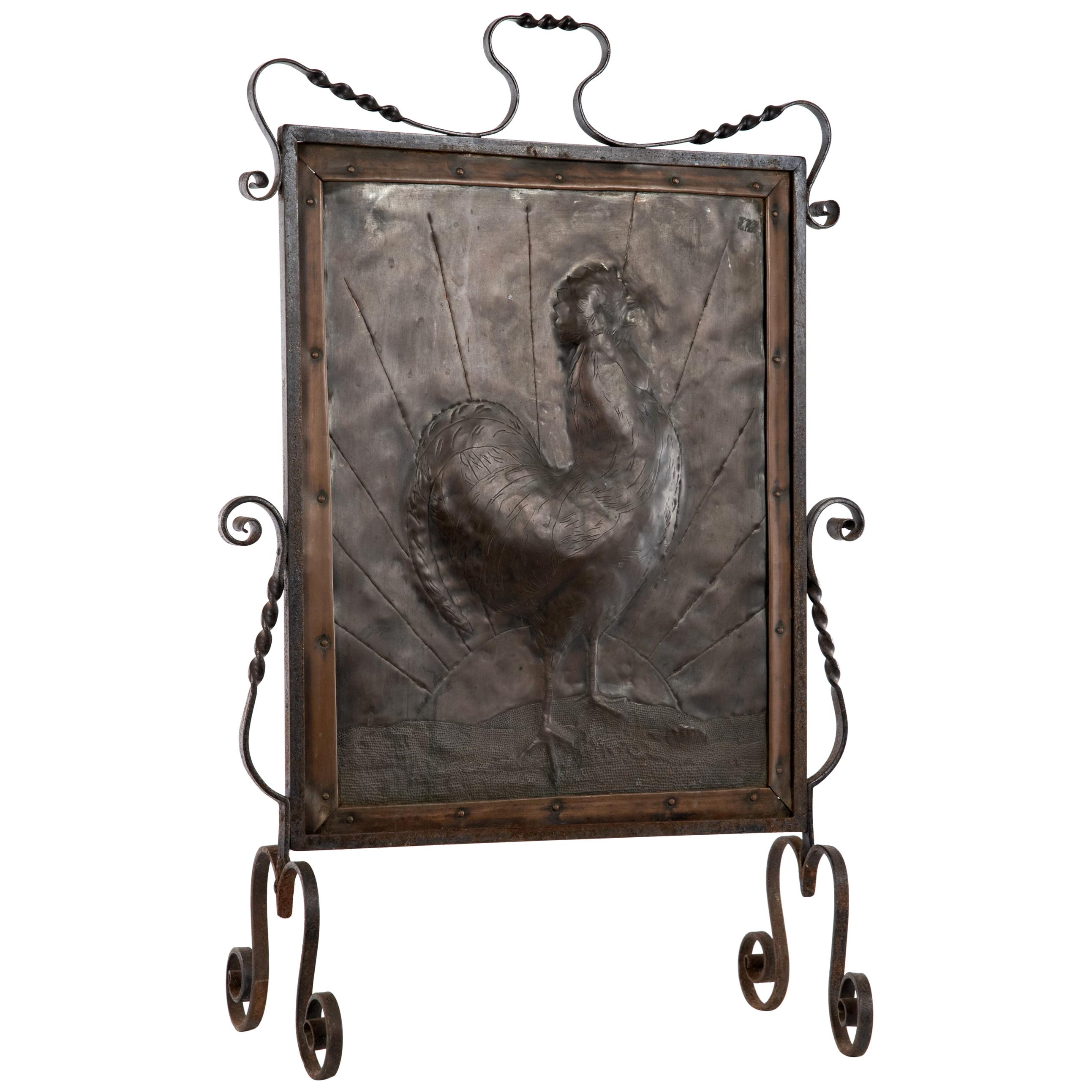 Copper Plate with Repousse Cockerel Image Fireplace Screen For Sale