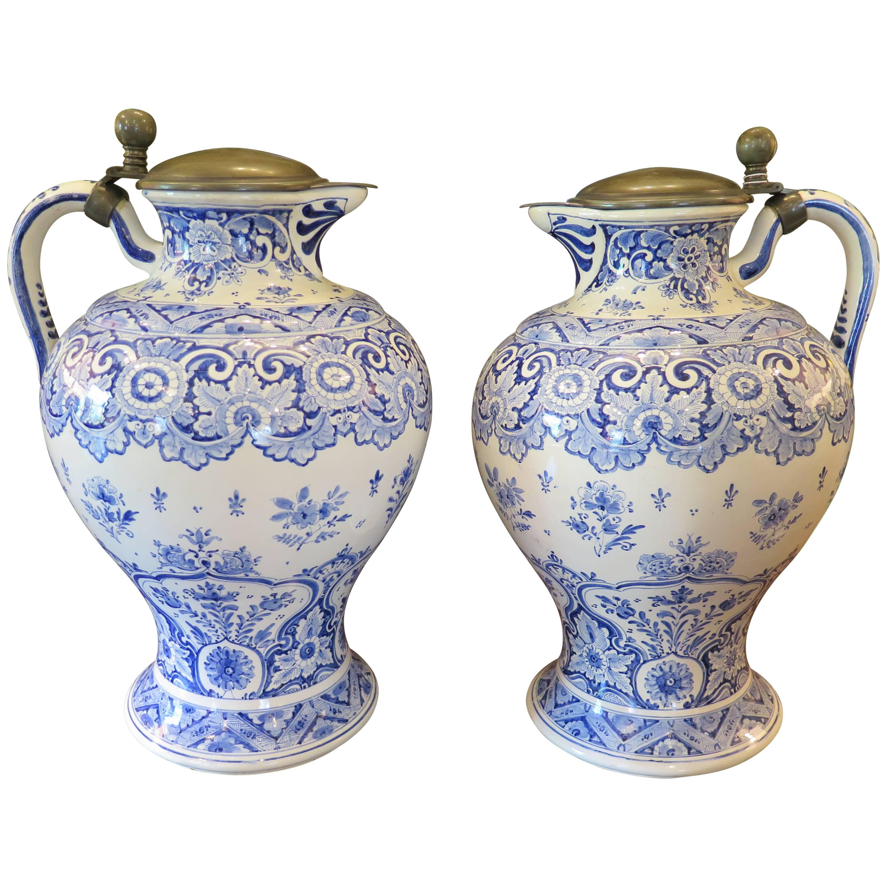 Pair of Very Large 19th Century Delft Pitchers Blue and White